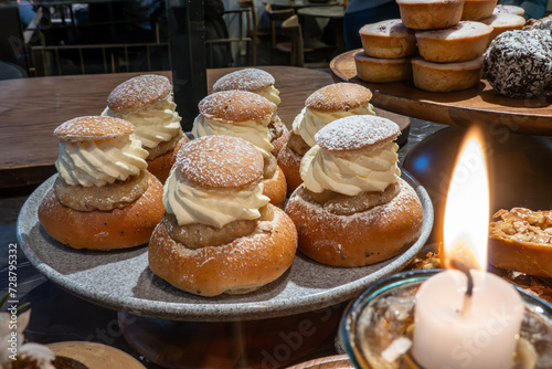 Photography Stockholm, Sweden Semlor pastries for sale in a bakeshop.