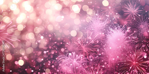 Close up Illustration of pink glitter fireworks pyrotechnics with bokeh lights for a New Year s Eve party celebration holiday background banner or greeting card.