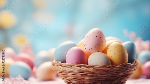 Colorful Easter Eggs in Wicker Basket with Pastel Blue Background