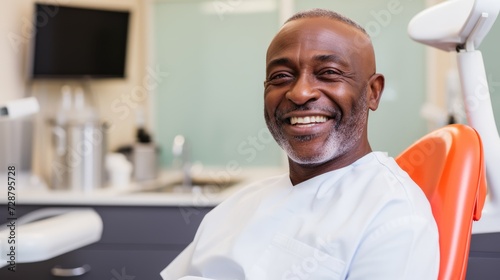 Radiant grin: An African American man smiles in a dentist's chair, displaying his beautiful teeth, exuding confidence and dental well-being.