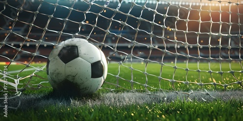 Goal achieved in a soccer game. close-up of ball in net, sports excitement, perfect for sports news. visually impactful, easily understandable image. AI © Irina Ukrainets