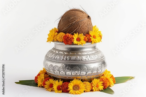 Silver kalash with coconut, mango leaves and marigold flowers on white background. Indian religious festivals. Hindu New Year, Gudi Padwa, Ugadi holidays. Design for banner, poster photo