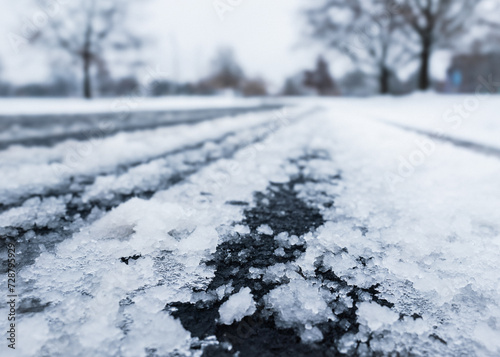 Low angle close up of snow and ice on a roadway in winter