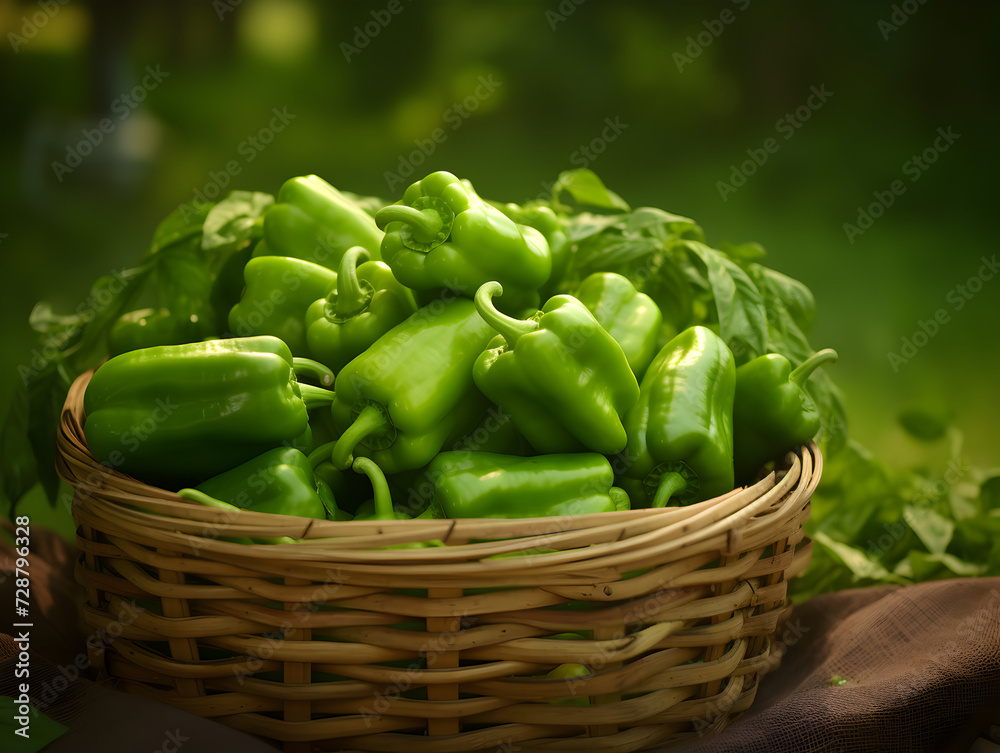 Green bell peppers in a wooden basket in green garden, blurry green background Green bell peppers in a wooden basket in green garden, blurry green background