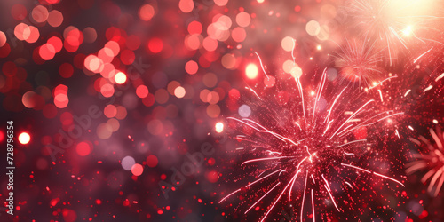 Closeup Illustration of red glitter fireworks pyrotechnics with bokeh lights for a New Year's Eve party celebration holiday background banner or greeting card.