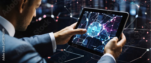 Showcase the accuracy and speed of AI technology in data analysis by creating an image of a businessman using a tablet to analyze complex data sets in real-time, with a digital interface overlaid