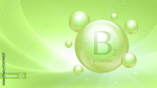 Vitamin B2 vector banner with drop bubbles. Medical poster of vitamin B complex. Health and beauty care. Nutritional supplements