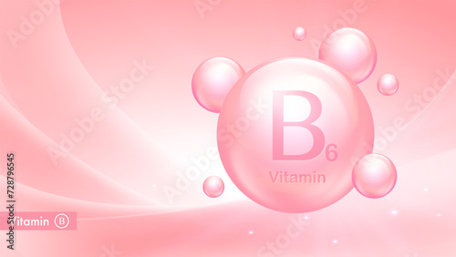 Vitamin B6 vector banner with drop bubbles. Medical poster of vitamin B complex. Health and beauty care. Nutritional supplements
