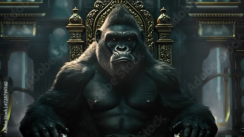 king gorilla sitting on a throne. Created with Generative AI. photo