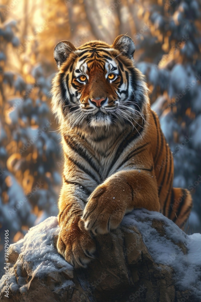 Obraz premium Tiger with Vibrant Orange and Black Stripes Resting on Rugged Stone, Gazing in Wintry Pine Forest Illuminated by Golden Sunlight.