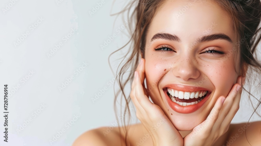 A stunning girl's wide, genuine smile showcases her beautifully-maintained, gleaming teeth. A stunning girl's wide, genuine smile showcases her beautifully-maintained, gleaming teeth.