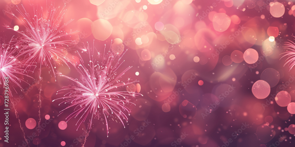 Fototapeta premium Close up Illustration of pink glitter fireworks pyrotechnics with bokeh lights for a New Year's Eve party celebration holiday background banner or greeting card.