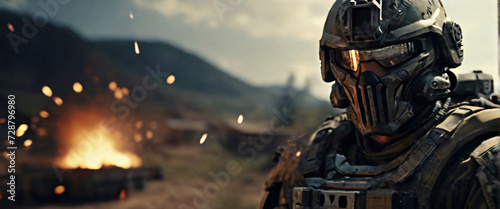 A cyborg soldier fighting in a war zone trail cam footage, photo realistic, hyper ornate details, photographed, bookend, particulars, ultra detail