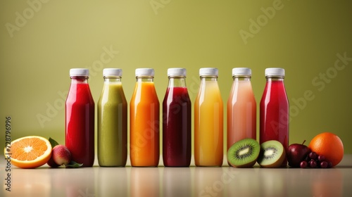 A row of colorful juices in glass bottles, with fresh fruits placed in front and next to the bottles.