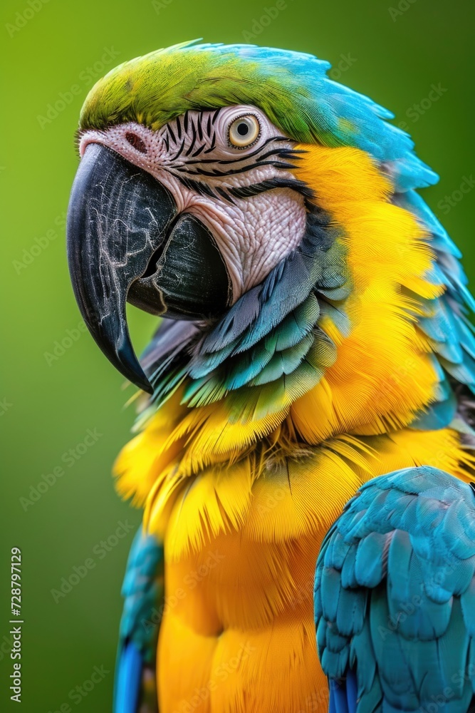 African Macaw Parrot with Turquoise and Yellow Feathers on Lime-Green Background African Macaw Parrot with Turquoise and Yellow Feathers on Lime-Green Background