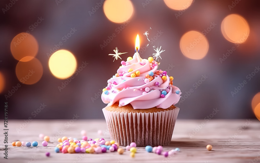 a birthday cake or muffin adorned with lights against a vibrant pink background.