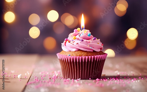 a birthday cake or muffin adorned with lights against a vibrant pink background. © Алла Морозова