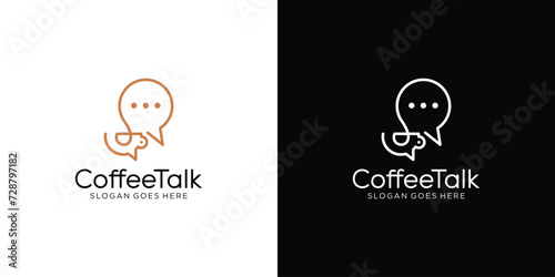 Creative Coffee Talk Logo. Coffee Cup Mug and Bubble Chat with Linear Outline Style Logo for Coffee Shop Business.