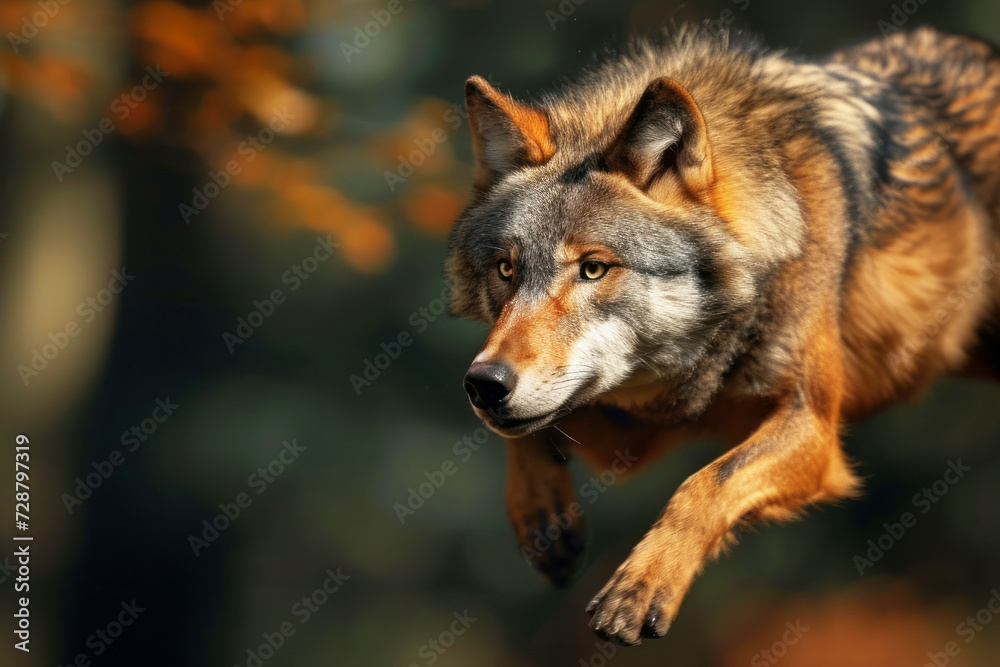 Obraz premium A white wolf jumping over the camera, high speed chase on the grassy plains. wolf dog jump. Coyote jumps up to pounce on mice. flying wolf