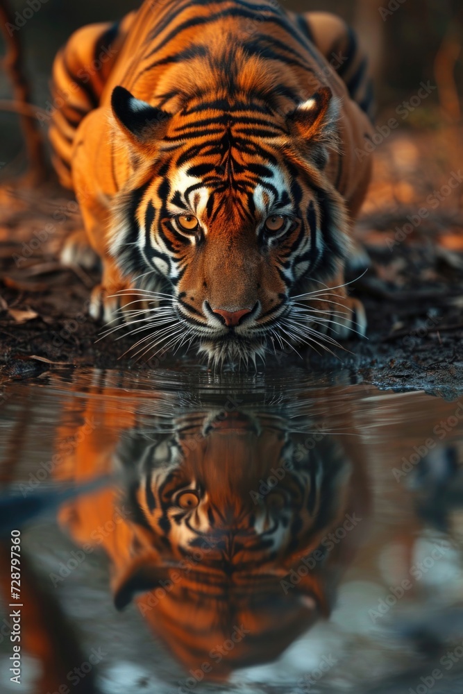 Fototapeta premium Intense Tiger Captured Drinking with Ghostly Reflection in Shallow Water