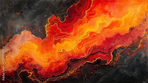 A bold and striking abstract painting on a marble slab with red, orange, and yellow colors, resembling a fiery sunset. 