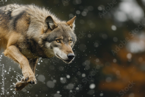 A white wolf jumping over the camera, high speed chase on the grassy plains. wolf dog jump. Coyote jumps up to pounce on mice. flying wolf