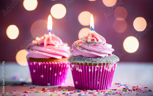 a birthday cake or muffin adorned with lights against a vibrant pink background.