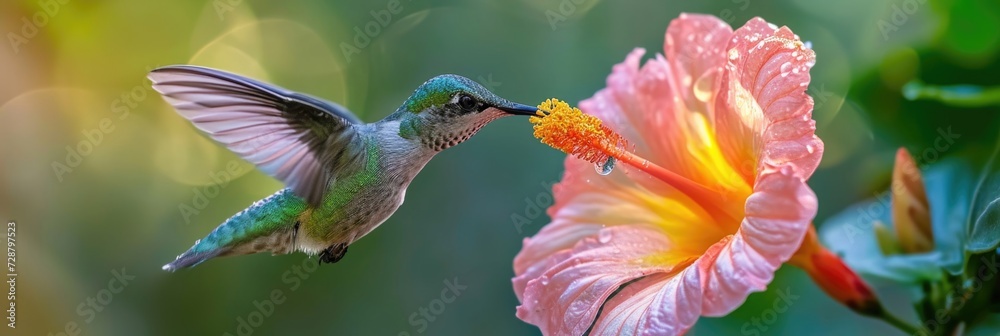 Fototapeta premium Iridescent Green Hummingbird Dipping Beak into Bloom with Blurred Wings