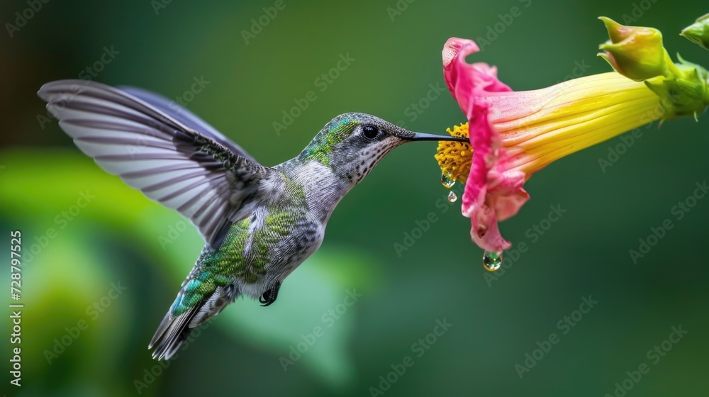 Close-Up of Hummingbird with Slender Beak Feeding from Vibrant Flower