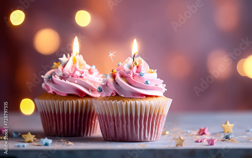a birthday cake or muffin adorned with lights against a vibrant pink background.