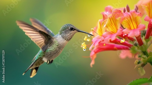 Hummingbird Feeding on Pink and Yellow Flower in Mid-Air Close-Up