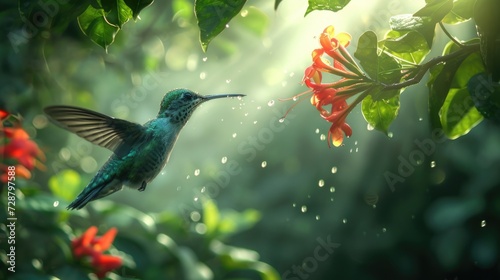 Dynamic Scene of Hummingbird Hovering in Rainforest Mist by Vibrant Red Flower