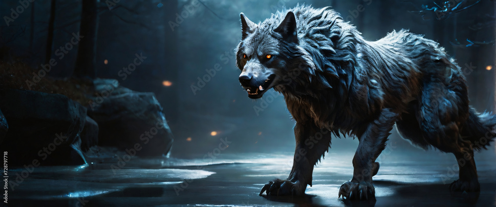 a bewitching werewolf with an enchanting sheen becomes the focal point of a haunting long exposure photograph. The subject of this captivating image is a werewolf, portrayed as lustrous and radiant - obrazy, fototapety, plakaty 