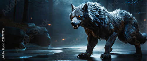 a bewitching werewolf with an enchanting sheen becomes the focal point of a haunting long exposure photograph. The subject of this captivating image is a werewolf, portrayed as lustrous and radiant