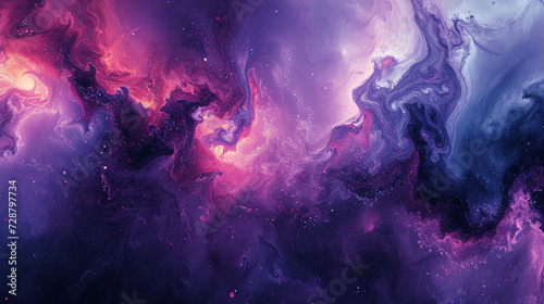 A celestial collision of deep purples, cosmic blues, and radiant pinks unfolding on a marble canvas, reminiscent of a distant galaxy. 