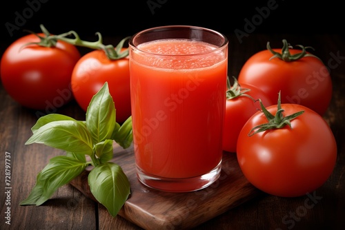 Savor the taste. refreshing tomato juice and fresh tomatoes on a wooden table © firax