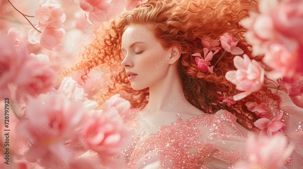 Ethereal woman amidst blushing blossoms. delicate, dreamlike portrait. a fantasy scene with soft pink hues. perfect for spring themes. AI Ethereal woman amidst blushing blossoms. delicate, dreamlike portrait. a fantasy scene with soft pink hues. perfect for spring themes. AI