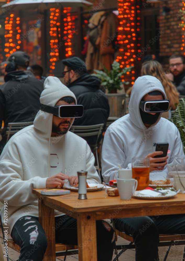 two guys are having lunch in a street cafe. On the head are VR glasses.