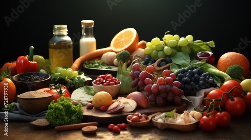 A table topped with an assortment of fruits, vegetables, and condiments.