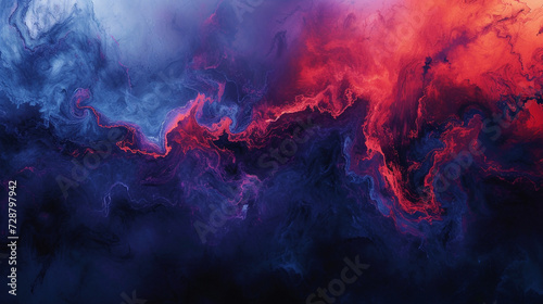 A chaotic explosion of fiery red and deep indigo hues blending seamlessly on a marble surface, evoking a sense of controlled chaos. 