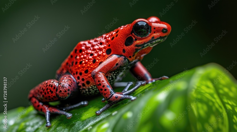 Glossy Red Poison-Dart Frog on Leaf Edge: Close-Up with Shadowy Green Backdrop Glossy Red Poison-Dart Frog on Leaf Edge: Close-Up with Shadowy Green Backdrop