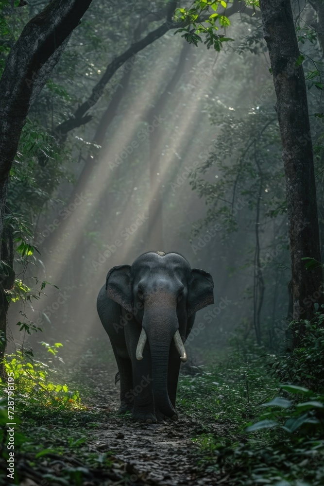 Elephant in Forest Glade: White Tusks and Calm Gaze in Soft Glow