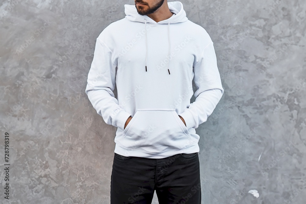 A mock-up template of a white hoodie worn by a man. A design concept for print and branding. A young man poses outdoors in a casual and trendy streetwear style. No face is shown.