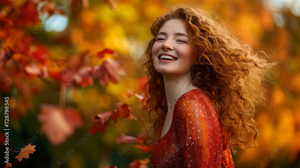 Joyful young woman with curly hair enjoying autumn. captivating smile amidst vibrant fall leaves. a celebration of seasonal change. elegance, warmth, and positivity in nature. AI Joyful young woman with curly hair enjoying autumn. captivating smile amidst vibrant fall leaves. a celebration of seasonal change. elegance, warmth, and positivity in nature. AI