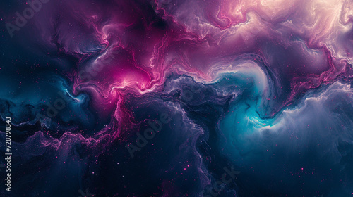 A cosmic explosion of swirling nebulas in shades of deep plum and cosmic teal, captured artistically on a polished marble surface.  photo