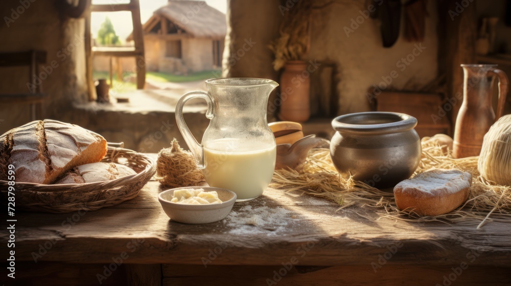 A table with milk in a pitcher, butter in a bowl, and bread in a basket.