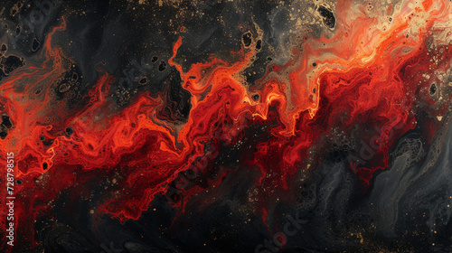 A dramatic and intense abstract painting on a marble slab with deep red and black colors, resembling a volcanic eruption. 