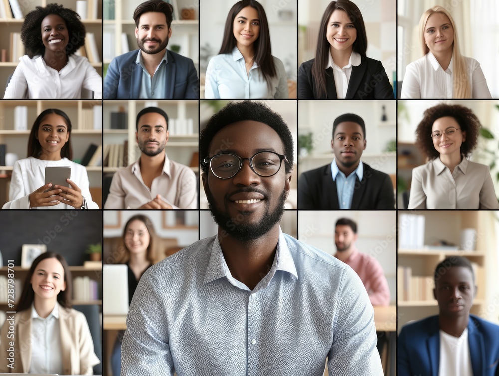 Many portraits faces of diverse young and aged people webcam view, while engaged in videoconference on-line meeting lead by african businessman leader. Group video call application easy Many portraits faces of diverse young and aged people webcam view, while engaged in videoconference on-line meeting lead by african businessman leader. Group video call application easy