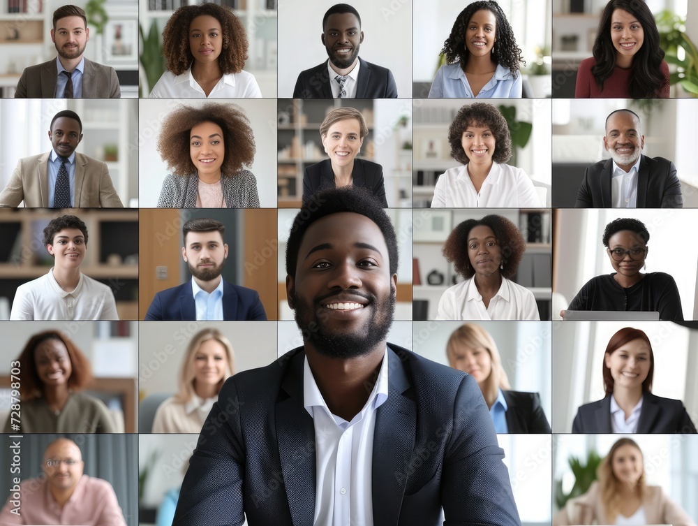 Fototapeta premium Many portraits faces of diverse young and aged people webcam view, while engaged in videoconference on-line meeting lead by african businessman leader. Group video call application easy