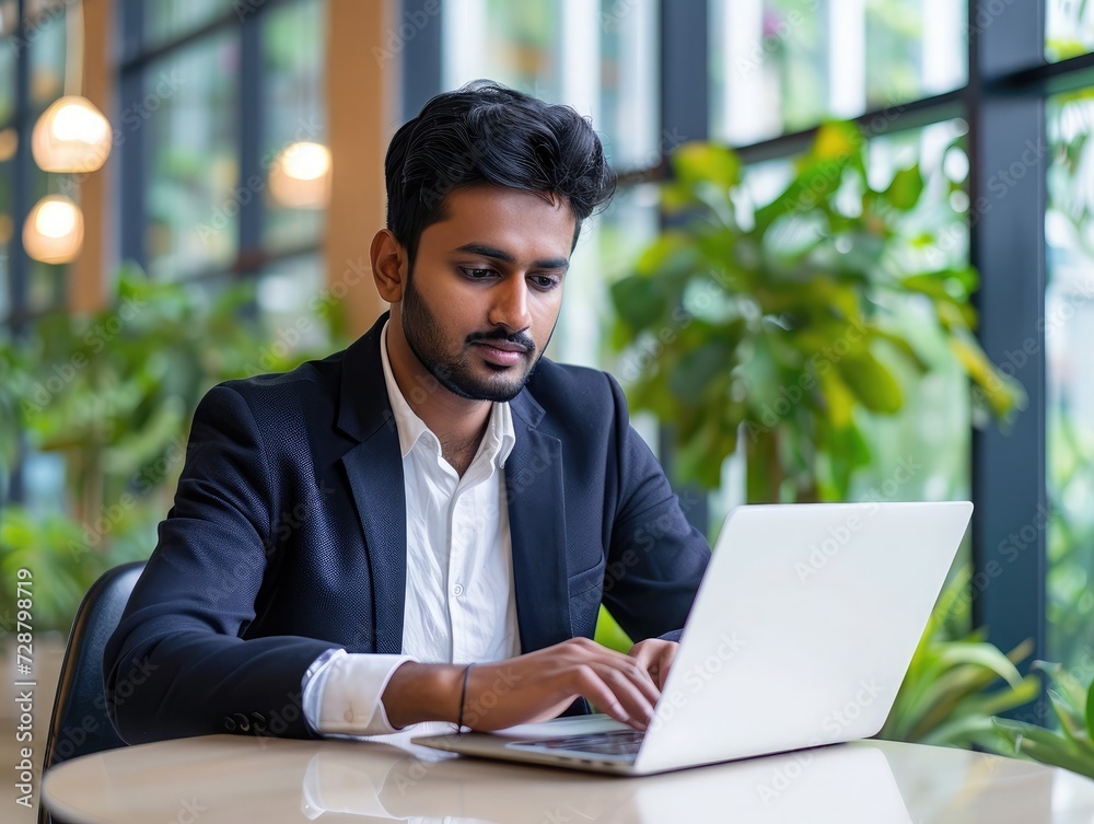 indian businessman working on laptop in modern office lobby space. Young indian student using computer remote studying, watching online webinar, zoom virtual training on video call meeting. indian businessman working on laptop in modern office lobby space. Young indian student using computer remote studying, watching online webinar, zoom virtual training on video call meeting.